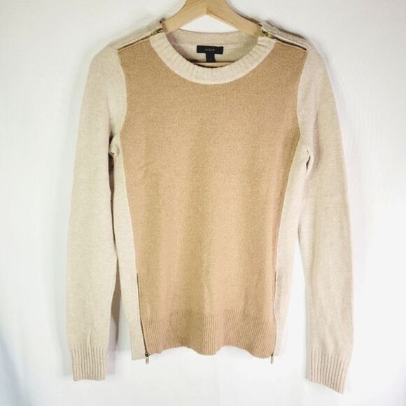 J. CREW 100% Wool Taupe And Beige Colorblock Zippers Sweater - Picture 1 of 10